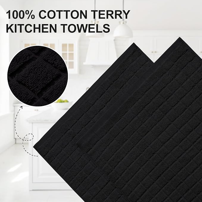 Homaxy Premium Ring Spun Cotton 390 GSM Kitchen Towels, 6 Pack, Black | 16" x 28" Large Dish Towels, Super Absorbent Terry Hand Towels, Soft Tea Towels with Hanging Loops - Image 2