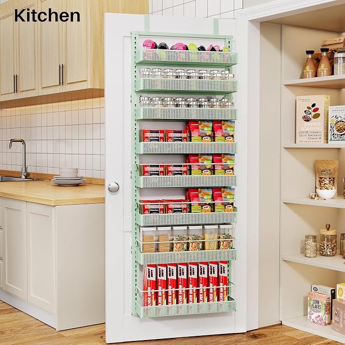 SNTD 8 Tiers Over the Door Organizer, 17" W x 6" D x 69" H, Green | Pantry Door Organizers and Storage, Height Adjustable Spice Rack, Dense Mesh Baskets, Anti-Swing, Adjustable Door Fastener - Image 8