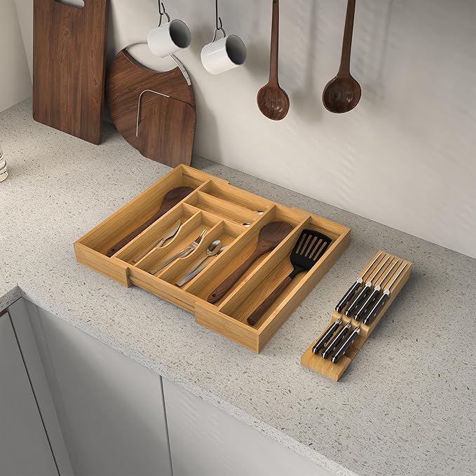 Bamboo Kitchen Drawer Organizer, Expandable Silverware Organizer with Removable Knife Block, 6-8 Slots- Utensil Holder & Cutlery Tray Drawer Dividers, 2.36" Deep for Extra Capacity, Natural - Image 6