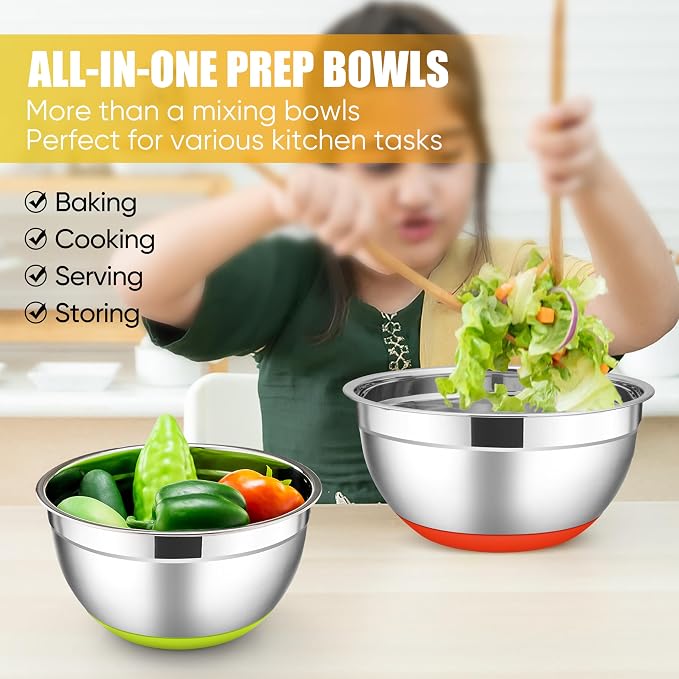 E-far Stainless Steel Mixing Bowls with Lids Set, 5-Piece Nesting Salad Bowls with 3 Grater Attachments and Non-Slip Bottoms, Size 4.6, 2.6, 2, 1.5, 1QT for Kitchen (Colorful) - Image 7