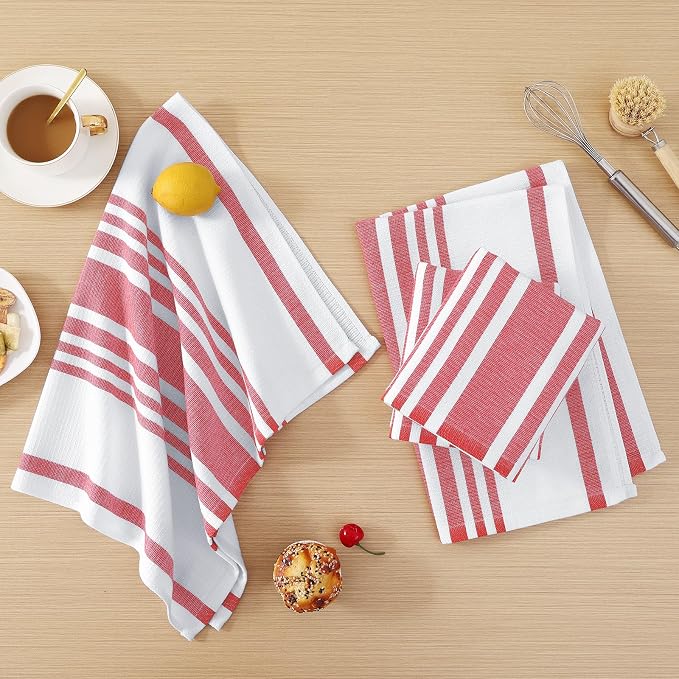 Homaxy Premium Cotton Stripe Kitchen Towels 8 Pack, 18"x 28", Red | Large 380 GSM Kitchen Hand Towels, Soft Terry Dish Towels, Highly Absorbent Tea Towel Set with Hanging Loop - Image 6