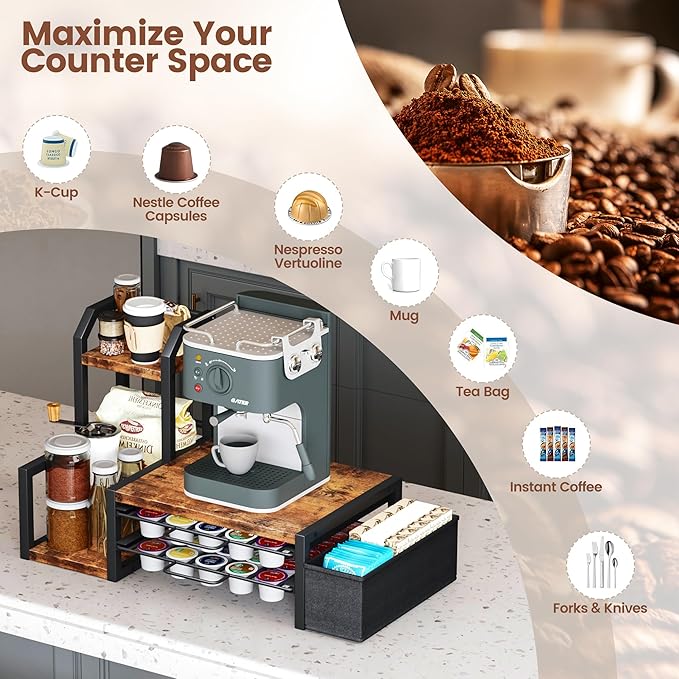 Homeiju K Cup Organizer for Countertop,Holds 60 K-Cups & 10 Syrup Bottles | Coffee Station Organizer with Coffee Pod Holder, Pull-Out Drawer with Anti-Slide Lock, Side Basket & Syrup Rack, Rustic Brown - Image 5