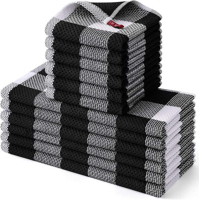 Homaxy Kitchen Towels and Dishcloths Set, Set of 12, White & Black | Bulk Cotton Waffle Weave Check Plaid Kitchen Towels, Super Soft and Absorbent Dish Cloths, 12 x 12 and 13 x 28 Inches by Homaxy