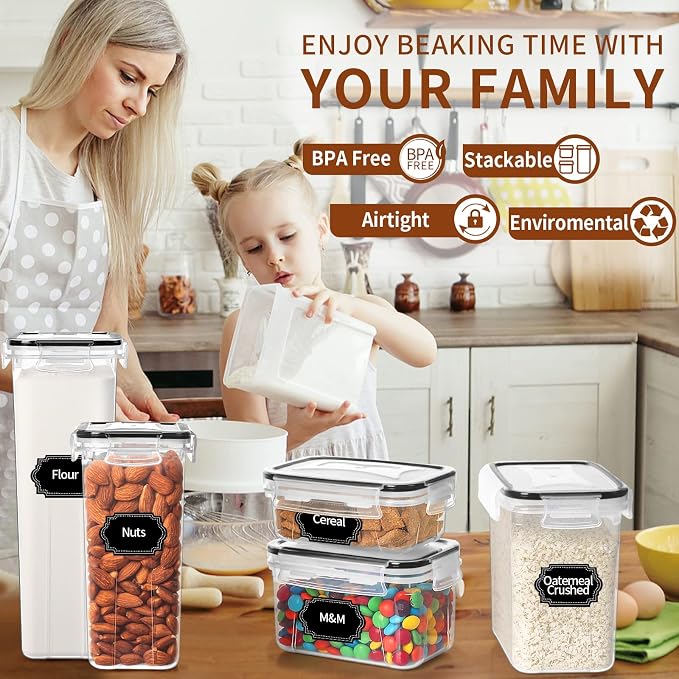 PRAKI Airtight Food Storage Containers with Lids, 12PCS Plastic Kitchen Storage Containers for Pantry Organizers and Storage - Cereal, Rice, Flour and Sugar Containers with Labels & Marker - Image 6