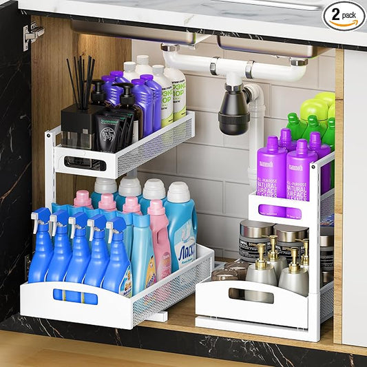 Petiza Metal Under Sink Organizer, Pull Out Cabinet Organizer Rack with Silk-Smooth Bottom Drawer, 5-Level Adjustable, Multi-Purpose Storage Shelf for Bathroom, Kitchen, Vanity, Pantry (2-Pack) by petiza