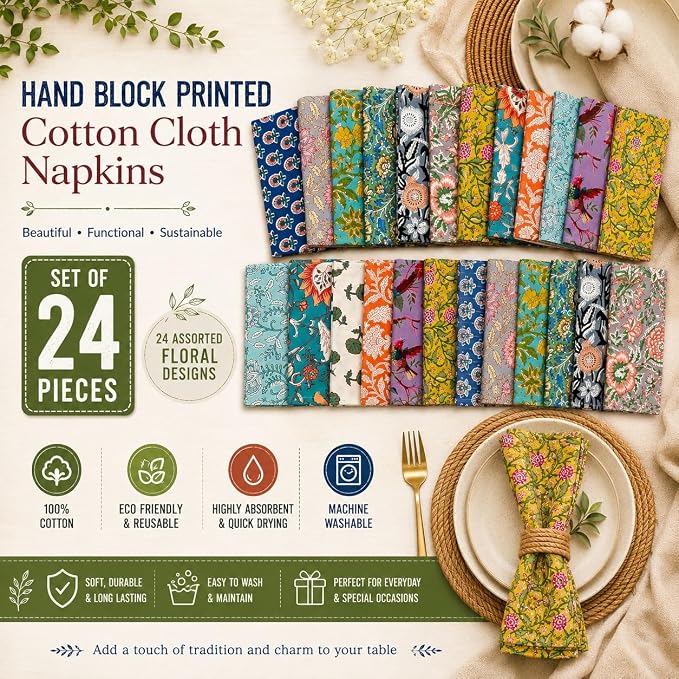 Mango Gifts 24-Piece Hand Block Print Cotton Cloth Napkins, 16 x 16 Inch, 100% Cotton Reusable Dinner Napkins, Assorted Floral Prints, Washable Table Napkins for Kitchen, Dining & Parties - Image 2