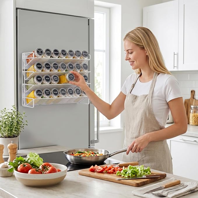 Magnetic Spice Rack Organizer for Refrigerator with 28 Spice Jars, 386 Spice Labels, 4 Hook, Chalk Marker and Funnel Set, Magnetic Shelf for Seasoning Organizer, 13.2'' W x 9.8 H, White - Image 2