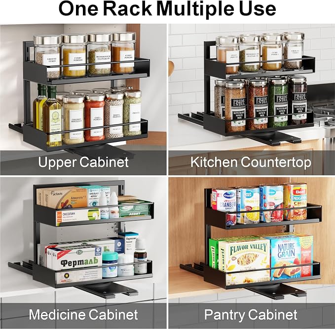Pull Out Spice Rack - 2 Pack Spice Organizer for Cabinet | For Flat-Front Cabinets Only, Pull-Out Rotating Access, No-Drill Mount, Keeps Spices Visible Easy to Reach, Adjustable Height - Image 8