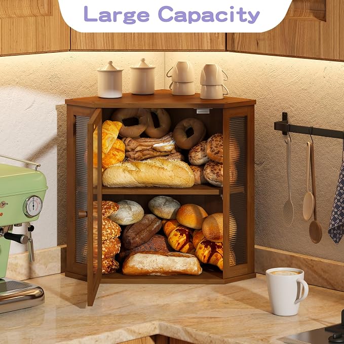 Corner Bread box for Kitchen Countertop,Farmhouse Bread Box with Acrylic Wavy Door Panel,Large Bread box for kitchen countertop,Food Storage Container (Brown, Extra Large) - Image 6