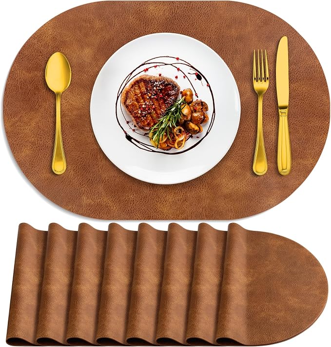 ADRIMER Placemats, Heat Resistant Oval Placemats Set of 8 Washable 12 x 17 Inch, Waterproof Table Mats, Wipeable Pu Place Mats for Kitchen, Dining Room, Turmeric Brown by Adrimersdreamistobeanindispensablecompanioninyourlife