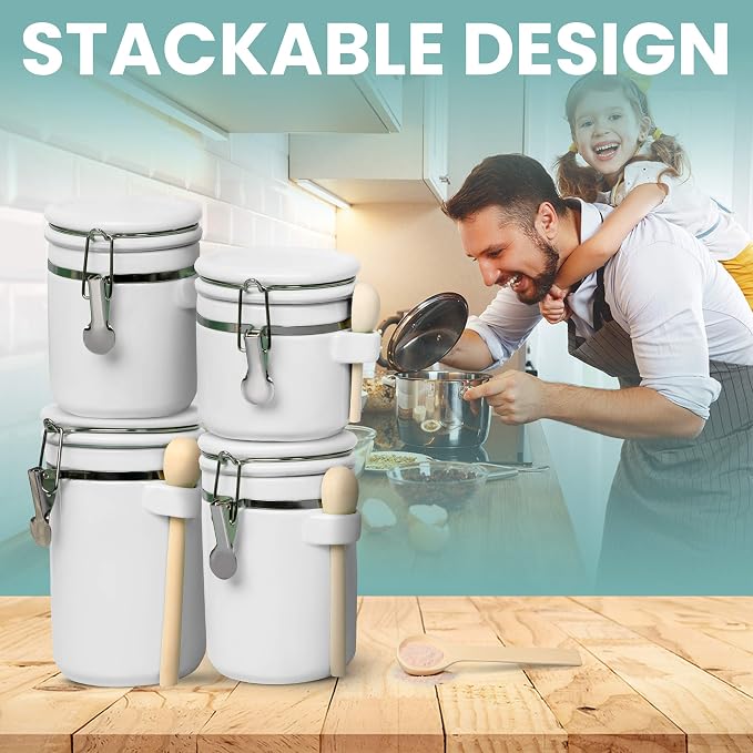 Home Intuition 4-Piece Ceramic Kitchen Canisters Set, Airtight Containers with Wooden Spoons Reusable Chalk Labels and Marker for Sugar, Coffee, Flour, Tea (White) - Image 7