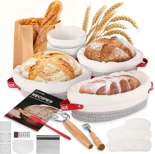 Sourdough Starter Kit 5 Banneton Round & Oval, Consciot Cotton Rope Bread Proofing Basket Set, Sourdough Bread Baking Supplies, Bread Baskets With Liners & Covers, Gift for Bakers Women Kids Family by Consciot