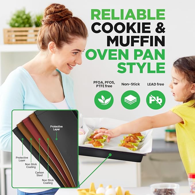 10-Piece Nonstick Bakeware Set - PFOA PFOS PTFE Free Food Grade Safe Carbon Steel Baking Tray Set - Oven Safe Up to 446°F, Pizza, Loaf, Muffin, Round/Square Pans, Cookie Sheet, Etc - NutriChef NCBS10S - Image 4