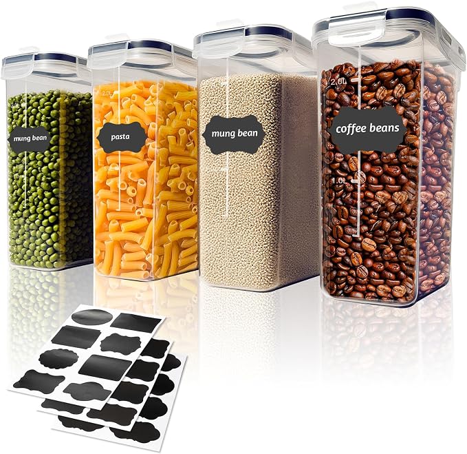 Airtight Food Containers, 2.5L Kitchen Storage Box, Pack of 4, Plastic Food Jars Sealed with Lid for Storing Cereal Pasta Flour Pets by Romon