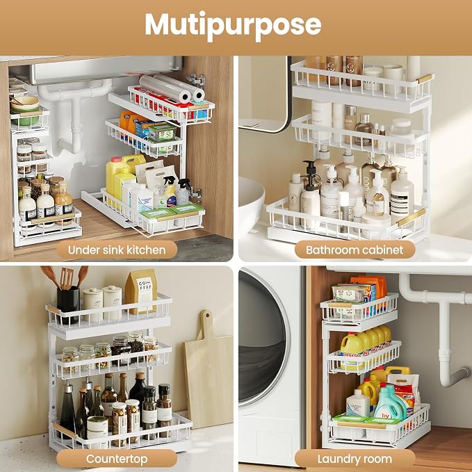 Under Sink Organizer and Storage 3 Tier Cabinet Pull Out Shelf Organizers | 2 Pack 3 Tier under sink storage for Bathroom and Kitchen Slide Out Drawer Organization for Home Cabinets Shelves and Drawers - Image 7