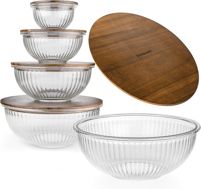 Stackable Space-Saving Set of 5 Nesting Glass Bowls with Acacia Lids for Foodprep, Storage, Mixing & Cooking - Microwave & Oven-ready BPA Free Durable Heat Resistant Inert Borosilicate Glass by Dokaworld