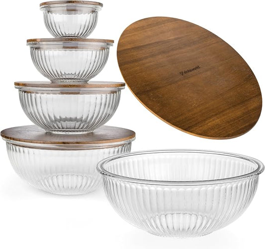 Stackable Space-Saving Set of 5 Nesting Glass Bowls with Acacia Lids for Foodprep, Storage, Mixing & Cooking - Microwave & Oven-ready BPA Free Durable Heat Resistant Inert Borosilicate Glass by Dokaworld