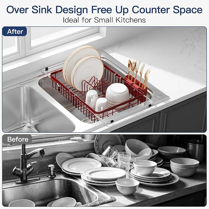 JASIWAY Red Dish Drying Rack Over the Sink with Utensil Holder | Expandable Stainless Steel Dish Driainers for Small Kitchen, Counter Space Saving, Fast Drain, Rust Resistant, For Apartment - Image 2