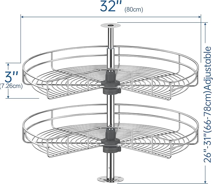 Kidney Shape 32" Corner Cabinet Lazy Susan, Replacement Shelves | Chrome-Plated Steel Wire, 270° Dual-Shelf Rotation, Adjustable Geight, Fits 32"+ Corner Cabinets, Heavy-Duty Kitchen Storage - Image 3