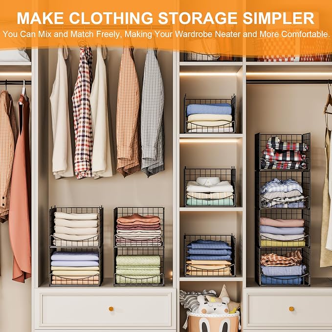 Hongtamoya 4-Tier Stackable Closet Organizers and Storage Shelves, Clothes Storage Basket, Clothes Shelf Organizer Sweater Organizer Bins Container for Wardrobe Kitchen Bathroom Office, Black - Image 6