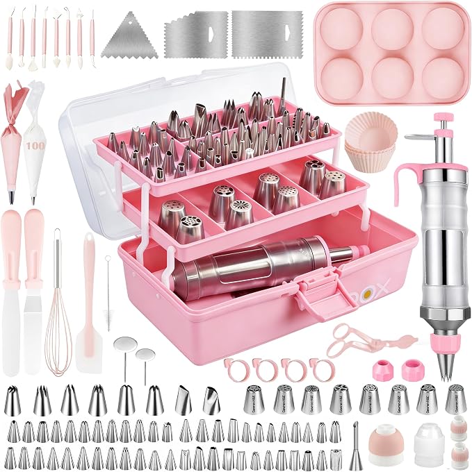 Gawren-H&E 209 PCS Cake Decorating Kit, Baking Supplies tools for beginner | Cake Decorating Supplies with Icing Dispenser Gun,Piping Bags and Tips Set,Scrapers and more-Frosting Piping Kit(Light Pink) by Gawren-HE