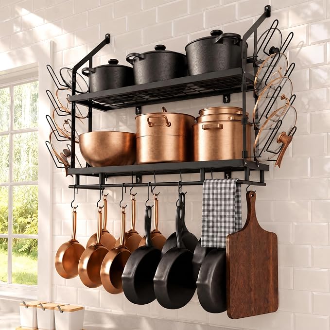 KES 30-Inch Pot Rack Wall Mounted, 8 Secure Lid Holders & 12 Sturdy Hooks | 2-Tier Kitchen Hanging Pot and Pan Organizer, Ample Storage for Tall Cookware, KUR215S75C-BK by KES