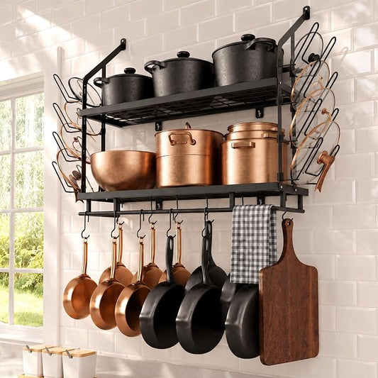 KES 30-Inch Pot Rack Wall Mounted, 8 Secure Lid Holders & 12 Sturdy Hooks | 2-Tier Kitchen Hanging Pot and Pan Organizer, Ample Storage for Tall Cookware, KUR215S75C-BK by KES