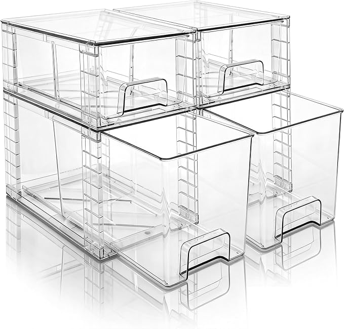 Clear Stackable Acrylic Storage Drawers(4 Pack), Plastic Organizer Bins with Handles, Easy Assembly for Bathroom Kitchen Pantry Cabinet Under Sink Snack Home Storage Solutions by XWYWX