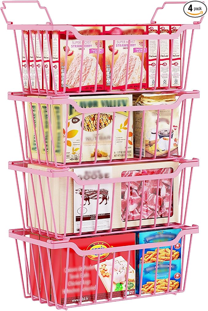 SUNALLY Freezer Organizer Bins, 4 Pack Stackable Pantry Storage Bins, Pink | Chest Freezer Organizer for 5-7 Cu.FT Deep Freezer to Sort Frozen Meats & Food, Wire Baskets for Pantry Organizers & Storage by SUNALLY