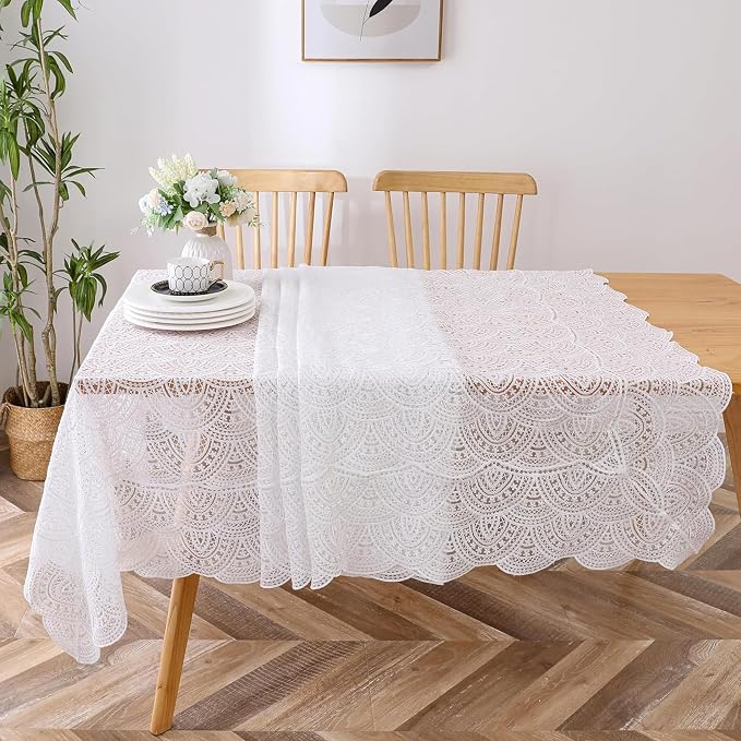 Majestic Giftware Polyester Tablecloths for Rectangle Tables - White Lace | (70/160) - TC1700 Elegance Design Dining Table Cover | Decorative Washable Tablecloth for Home, Kitchen, Dining by MajesticGiftware