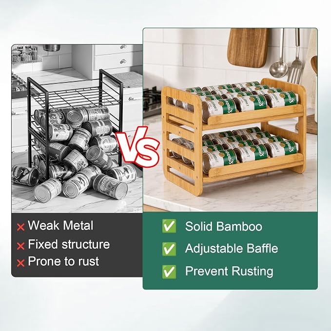 Bamboo Rolling Can Organizer for Pantry: Double-Tier Automatic Rolling Cans Dispenser Rack with Hooks, Can Holders Dispensers for Pantry for Kitchen Cabinet - Image 5