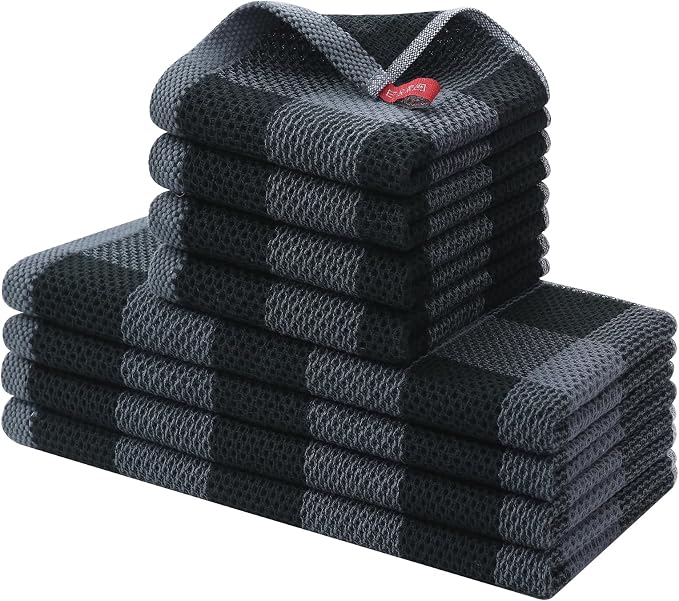 Homaxy Kitchen Towels and Dishcloths Set, Set of 8, Black & Grey | Bulk Cotton Waffle Weave Check Plaid Kitchen Towels, Super Soft and Absorbent Dish Cloths, 12 x 12 and 13 x 28 Inches by Homaxy