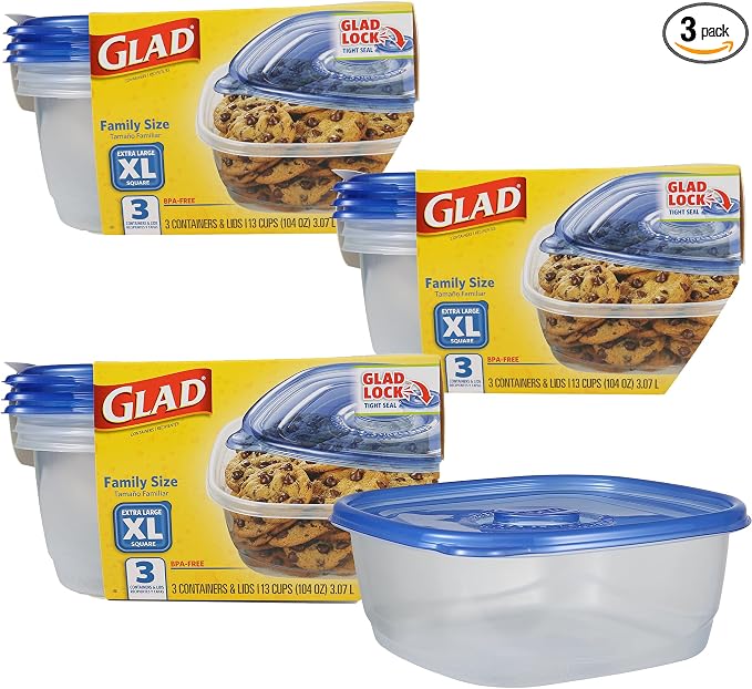 Glad GladWare XL Square Food Storage Containers, 104 Oz, 3 Count, 3-Pack | BPA-free, dishwasher-safe containers for leftovers, meal prep, and freezer storage; family-size capacity by GladTrashFoodStorage