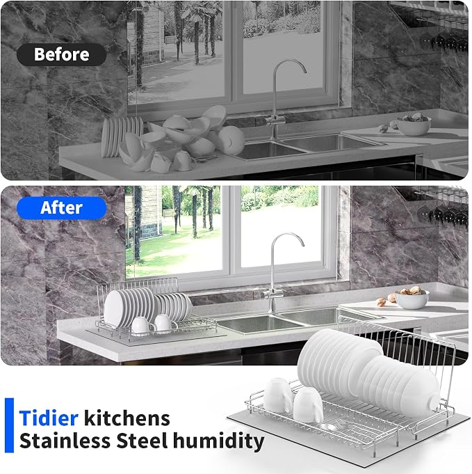 Small Dish Drying Rack Stainless Steel Collapsible | Foldable Rack Countertop with Drying Mat for Kitchen Dorm RV Campers Travel Trailer Space Saving - Image 7