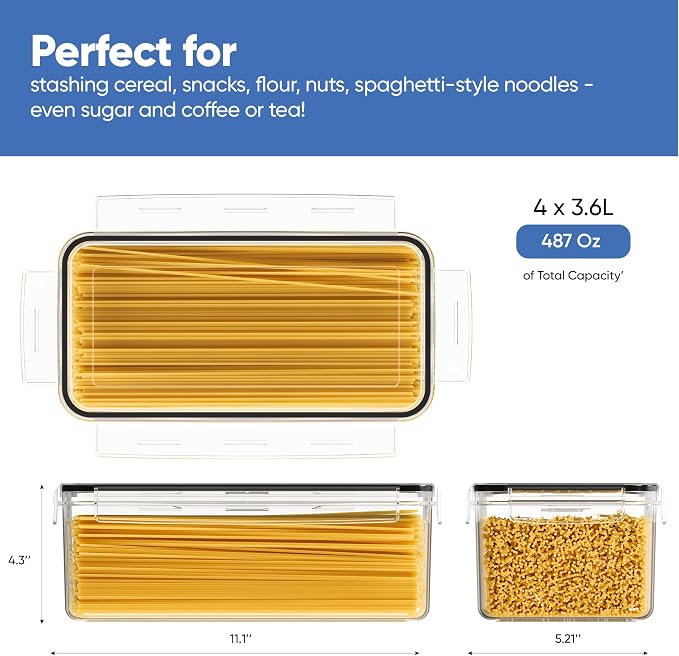 Chef's Path Airtight Food Storage Containers with Lids (Set of 4/3.6 Liters Each), Plastic Spaghetti Container for Pasta & Dry Food Storage, BPA Free Pantry Organizer Set with Kitchen Accessories - Image 2