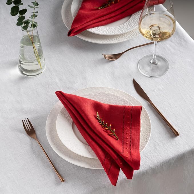 Linen Napkins Set of 4-100% Pure Linen Red Embroidered Dinner Napkins - Hemstitch Cloth Napkins Washable for Halloween, Christmas and Winter Decor - Image 8