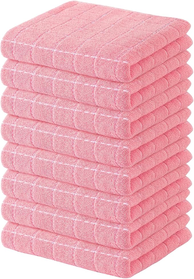Kitinjoy 100% Cotton Terry Kitchen Towels, 13”x 28”, 8-Pack, Pink | Checkered Designed, Ultra Soft Absorbent Quick Drying Dish Towels by Kitinjoy