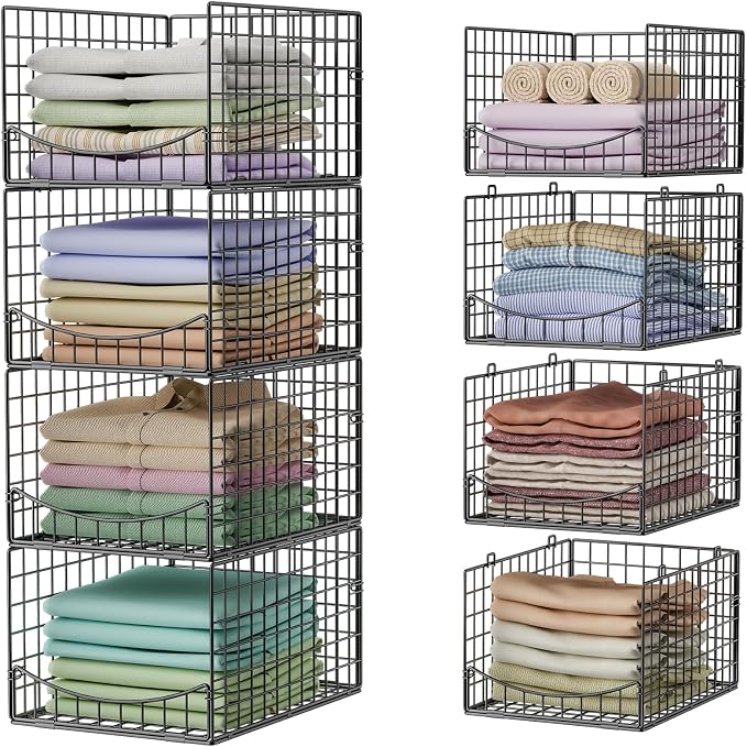 Hongtamoya 4-Tier Stackable Closet Organizers and Storage Shelves, Clothes Storage Basket, Clothes Shelf Organizer Sweater Organizer Bins Container for Wardrobe Kitchen Bathroom Office, Black by Hongtamoya