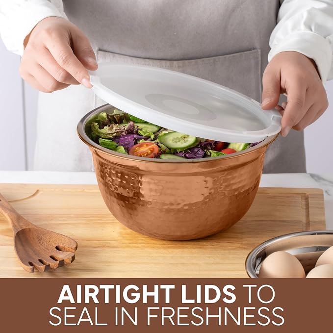 COOK WITH COLOR 18 Piece Mixing Bowls Set with Airtight Lids, Handcrafted Stainless Steel Bowls, Food Storage Containers, Meal Prep, Nesting Salad Bowls For Cooking, Baking, Kitchen, Copper - Hammered - Image 5