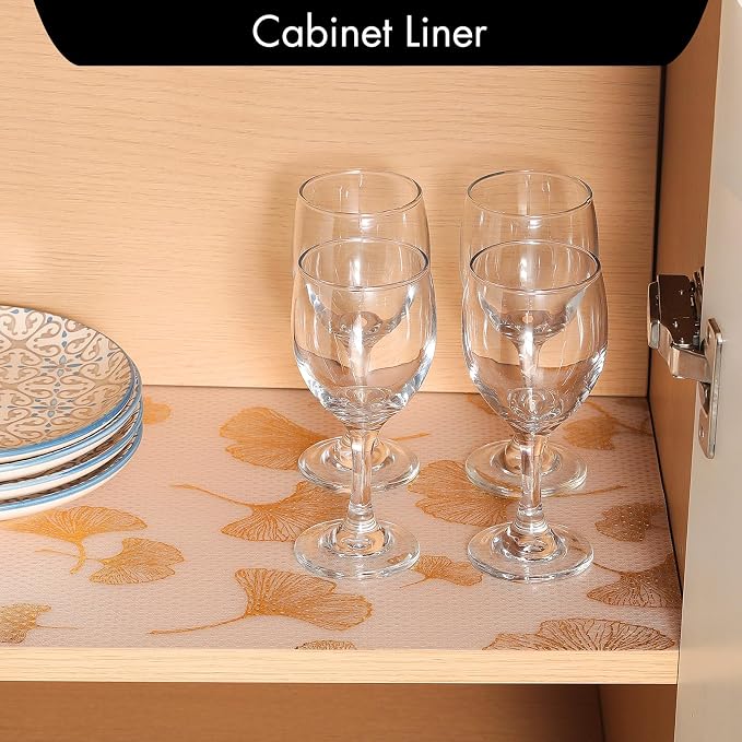Cooyes Shelf Liner, Non Adhesive Drawer and Cabinet Liner, EVA Washable Oil-Proof Shelf Paper for Kitchen Cabinets, Refrigerator, Storage, Desks with Modern Pattern （Gold Ginkgo，23.6" W x 118" L） - Image 3