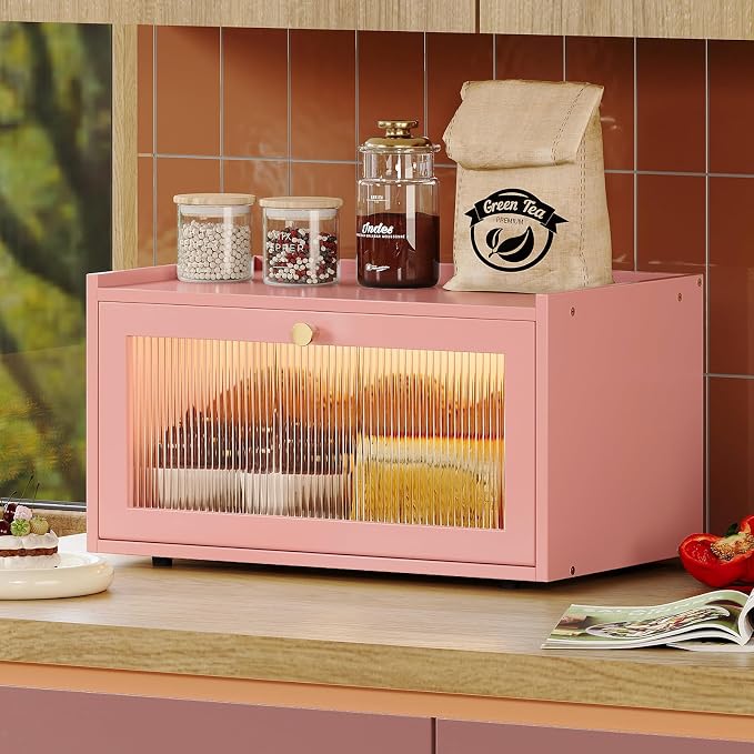 Trironsun Bamboo Bread Box with Led Light for Kitchen Counter Large Capacity Bread Storage Container Kitchen Countertop Organizer with Window Bread Holder (Pink) - Image 4