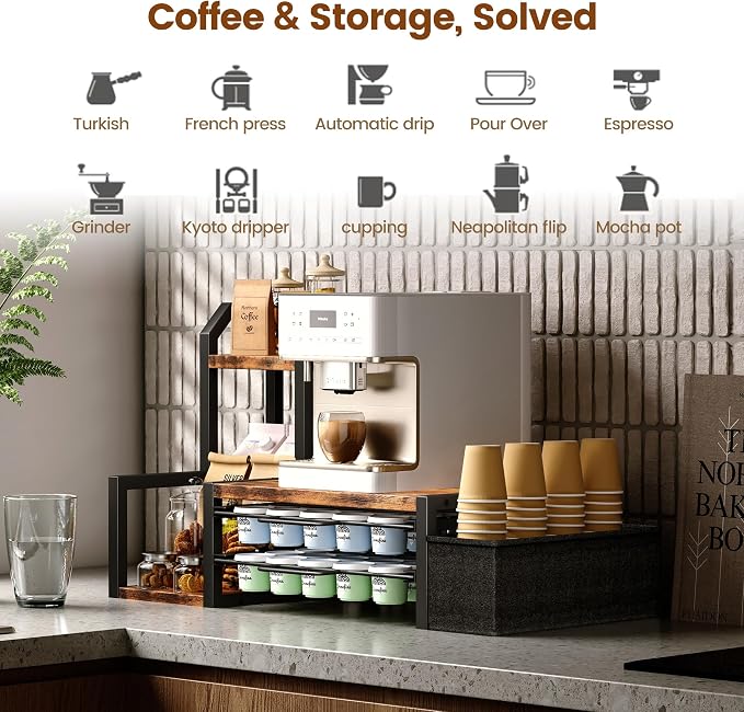 Homeiju K Cup Organizer for Countertop,Holds 60 K-Cups & 10 Syrup Bottles | Coffee Station Organizer with Coffee Pod Holder, Pull-Out Drawer with Anti-Slide Lock, Side Basket & Syrup Rack, Rustic Brown - Image 4
