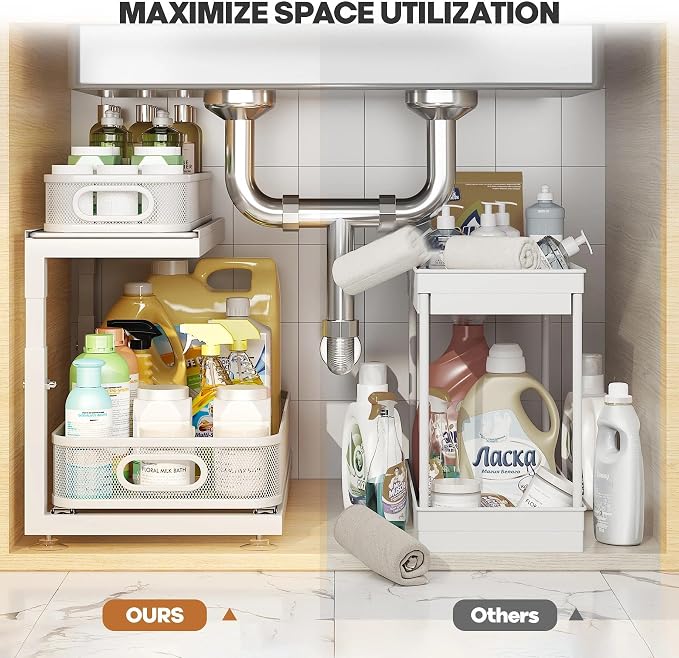 2-Pack 18.5 IN Depth Under Sink Organizer With Next-Gen Ball-Bearing Slides,Sophisticated Mesh 2-Tier Pull Out Shelf for Kitchen & Bathroom,Fits Small Items-White(Patented) - Image 5