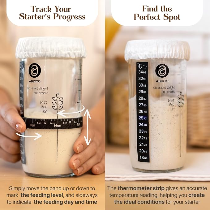 ABIOTO Sourdough Starter Kit with Banneton Bread Proofing Basket, 21 Pieces | Sourdough Tools for Home Bakers - Round Rattan Basket with Liner & Sling, Dough Mat, Jar, Lame, Whisk, Dough & Bowl Scrapers - Image 3