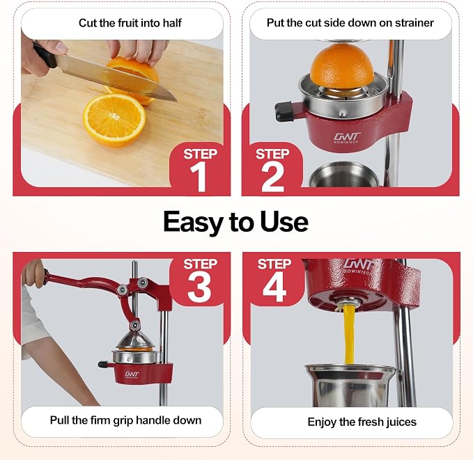18 Inch Height Commercial Heavy Duty Cast Iron Hand Press Manual Orange Citrus Lemon Lime Grapefruit Pomegranate Fruit Juice Squeezer Machine with Stainless Steel Cup and Durable Base Red - Image 6