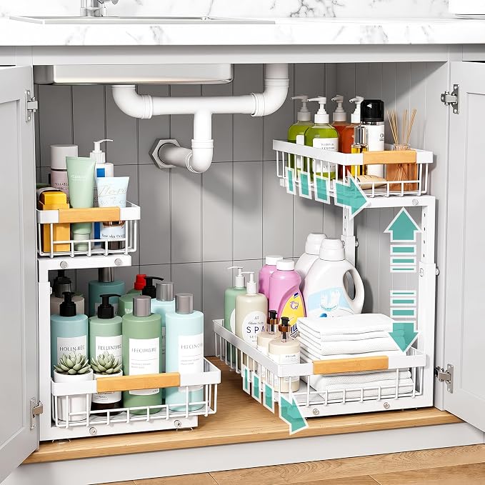 Under Sink Organizer, 2 Tier Pull Out Cabinet Organizers and Storage for Kitchen Bathroom Pantry Laundry, Adjustable Height, Slide Out Thickened Metal Storage Shelf (White, 1 Pack) by Unknown