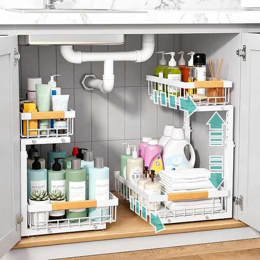 Under Sink Organizer, 2 Tier Pull Out Cabinet Organizers and Storage for Kitchen Bathroom Pantry Laundry, Adjustable Height, Slide Out Thickened Metal Storage Shelf (White, 1 Pack) by Unknown