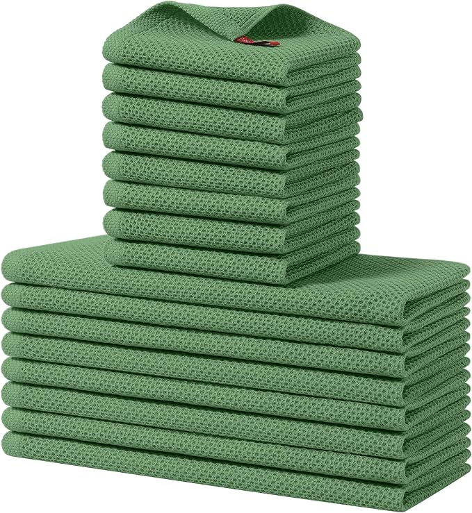 Homaxy 16 Pack 100% Cotton Kitchen Towels and Dishcloths Set, Grass Green | 12 x 12 Inches and 13 x 28 Inches Kitchen Towels Set, Ultra Soft Absorbent Dish Cloths for Washing Dishes by Homaxy