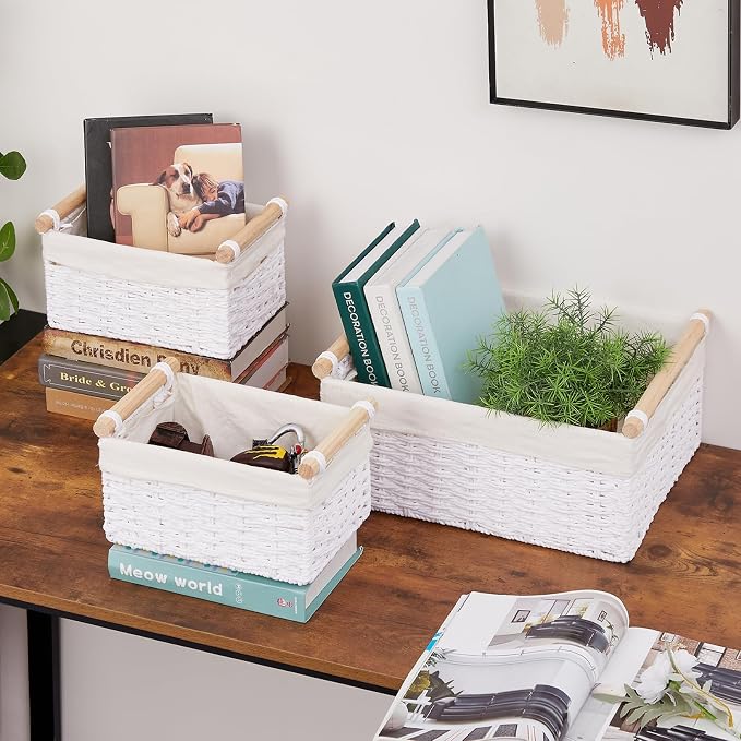 Wicker Storage Basket, Set of 3 Hand-woven Storage Baskets for Organizing, Large Cube Storage Organizer Baskets Bins with Handles for Shelves Decor, Small Toilet Paper Storage Basket, White - Image 6