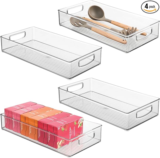 iDesign Stackable Clear Plastic Extra Long Pantry Organizers, 4-Pack | Cabinet Storage Bins, For Kitchen by iDesign